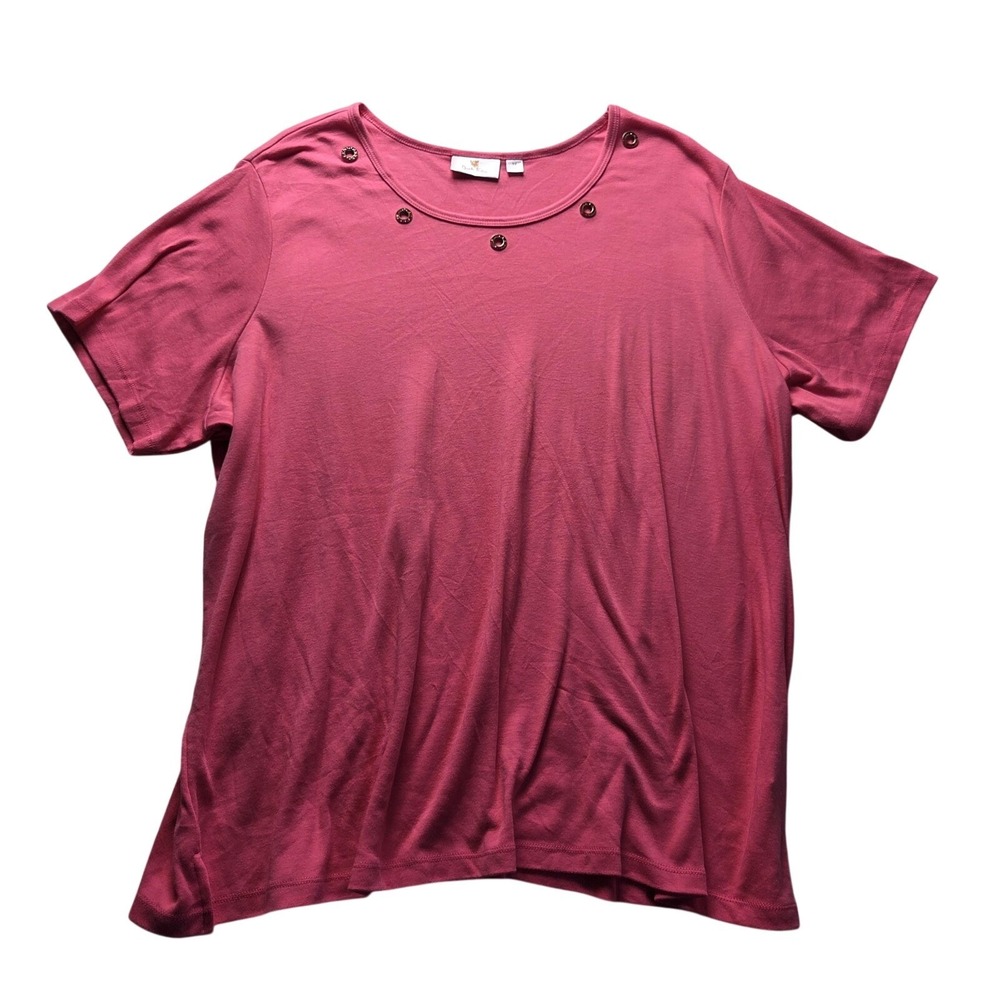 Quacker Factory Shirt Womens Plus 3X Pink Scoop Neck Short Sleeve Rhinestone Top